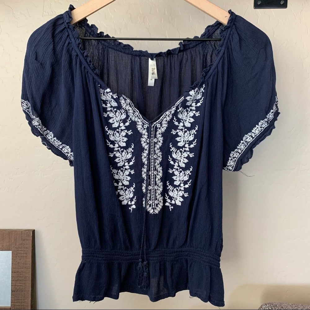 Peasant Top, Navy with Tassel Detail